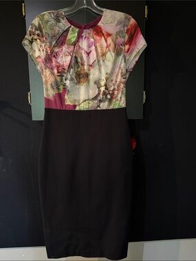 Ted Baker Black Sheath Midi Dress with Floral Watercolor Bodice and Plum Accents